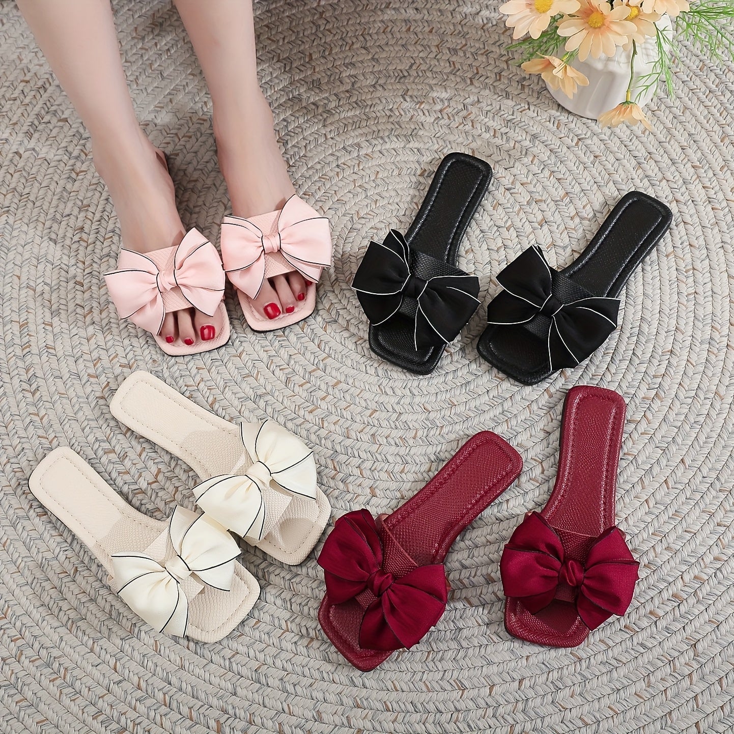 Damen Slide Sandalen mit großer Schleife und modernem Design – Stilvolle Flats für Freizeit & Alltag
