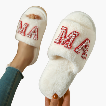 Damen Kuschelige Slipper mit "MA" Perlen-Motiv – Perfekt als Muttertagsgeschenk, Bequeme Hausschuhe für Mütter