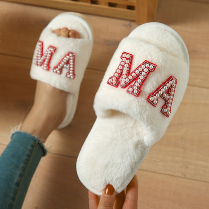 Damen Kuschelige Slipper mit "MA" Perlen-Motiv – Perfekt als Muttertagsgeschenk, Bequeme Hausschuhe für Mütter