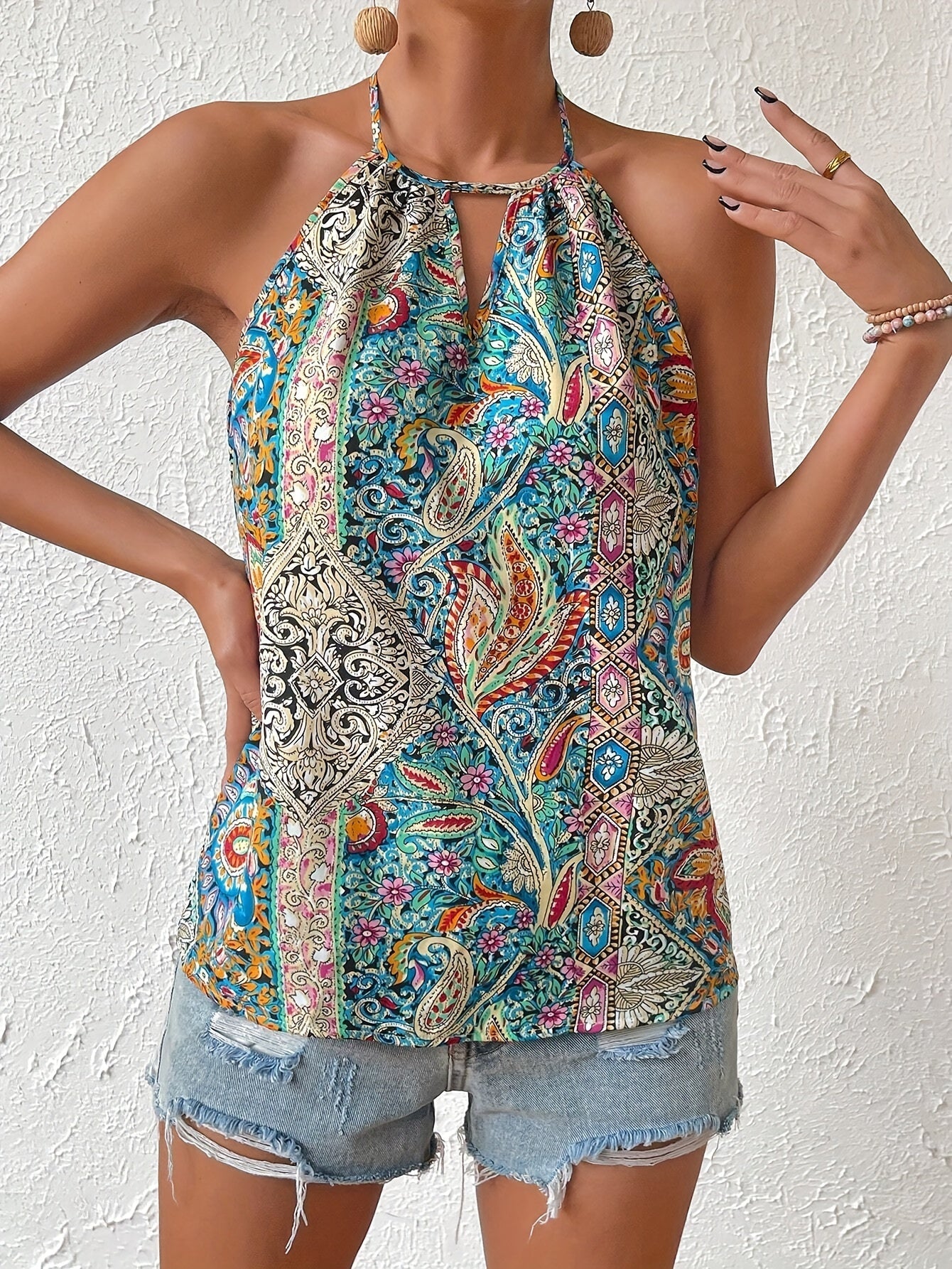 Damen Boho Halterneck Top mit Paisley Muster – Sommer Elegant Freizeit