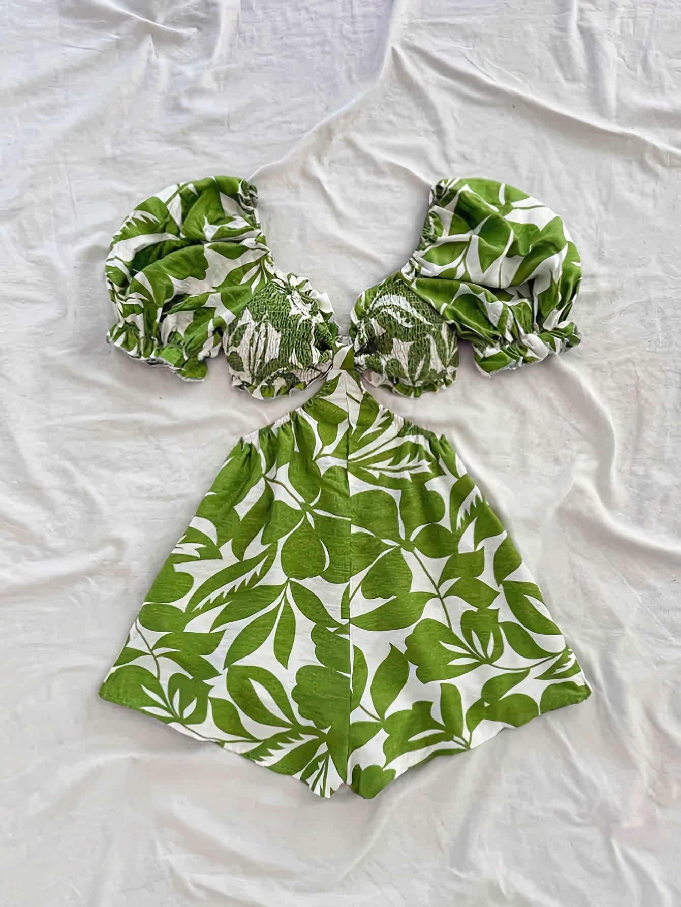 Damen Jumpsuit mit Tropenmuster und Puffärmeln – Perfekt für Urlaub, Strand & Sommerfeste