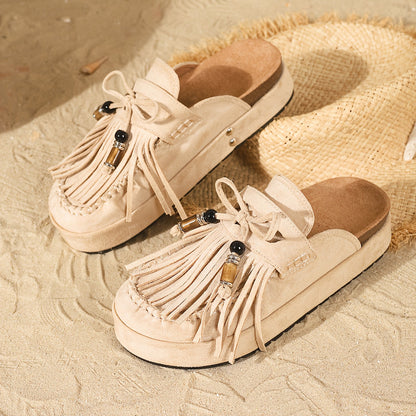 Damen Mokassin Hausschuhe mit Fransen und Perlen – Bequeme Vintage Slipper für Alltag und Freizeit