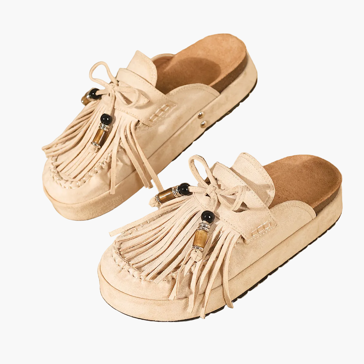 Damen Mokassin Hausschuhe mit Fransen und Perlen – Bequeme Vintage Slipper für Alltag und Freizeit