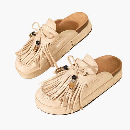 Damen Mokassin Hausschuhe mit Fransen und Perlen – Bequeme Vintage Slipper für Alltag und Freizeit