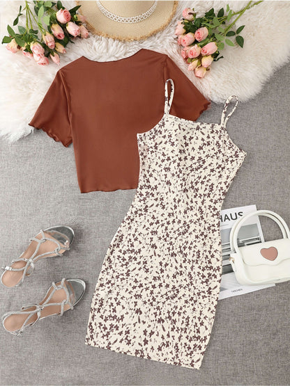 Damen Zweiteiler Set – Elegantes Sommerkleid mit Blümchenmuster und Kurzarm-Überwurf, Perfekt für Freizeit und besondere Anlässe