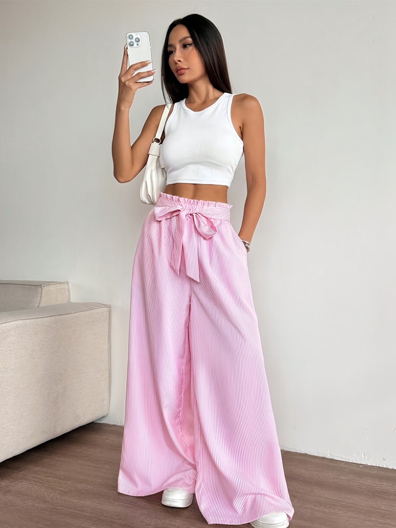 Damen Weite High-Waist Hose mit Schleifenbund und Streifen – Eleganter Alltags- und Freizeitstil