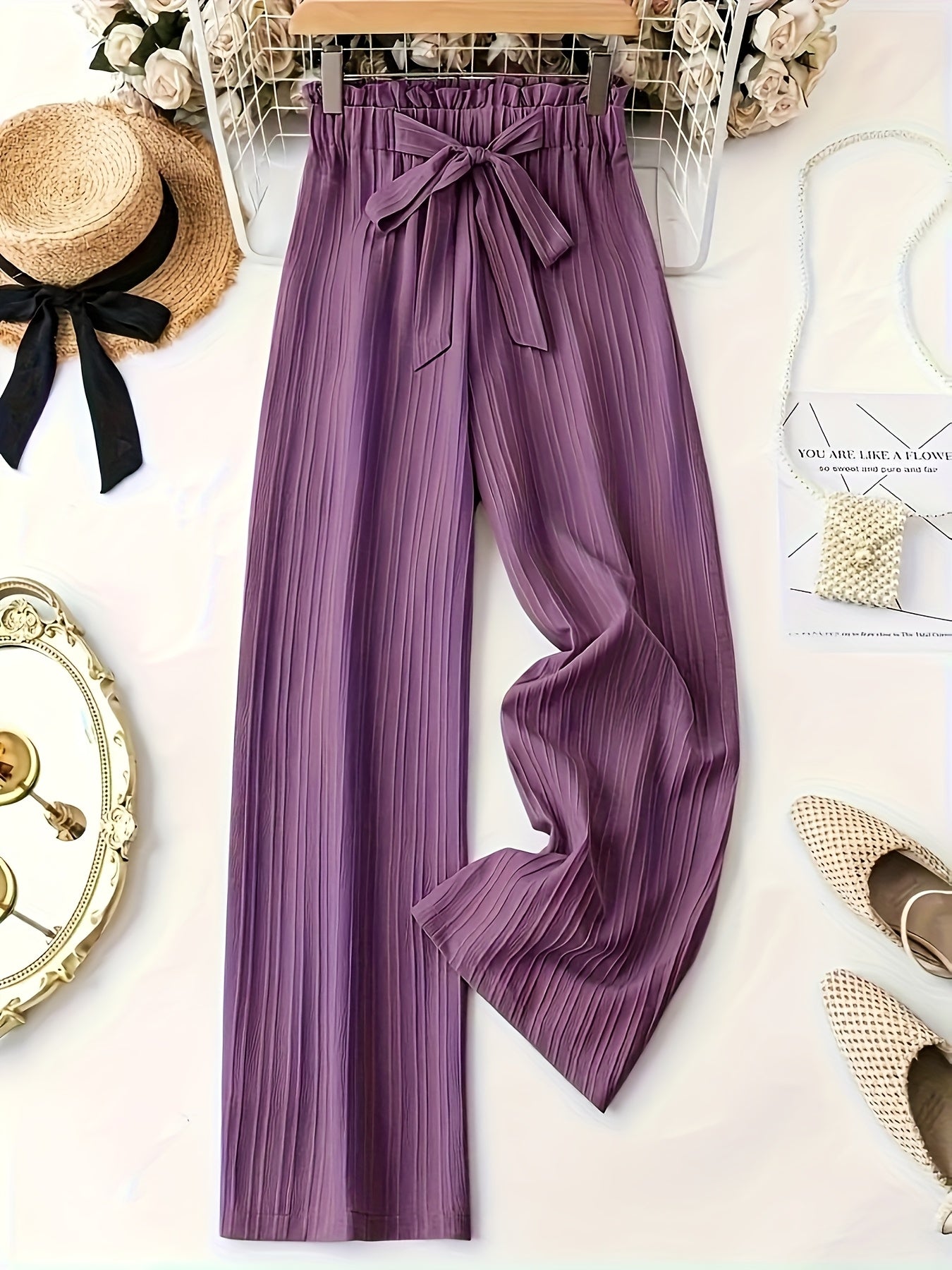 Damen Elegante Plissee-Hose mit Schleife – Weites Bein, Komfortbund, Lässig & Schick für Alltag und Büro