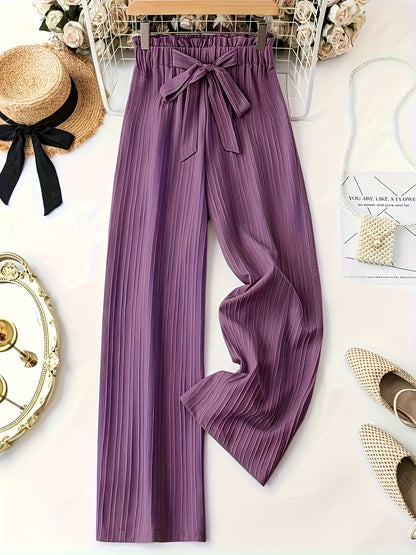 Damen Elegante Plissee-Hose mit Schleife – Weites Bein, Komfortbund, Lässig & Schick für Alltag und Büro