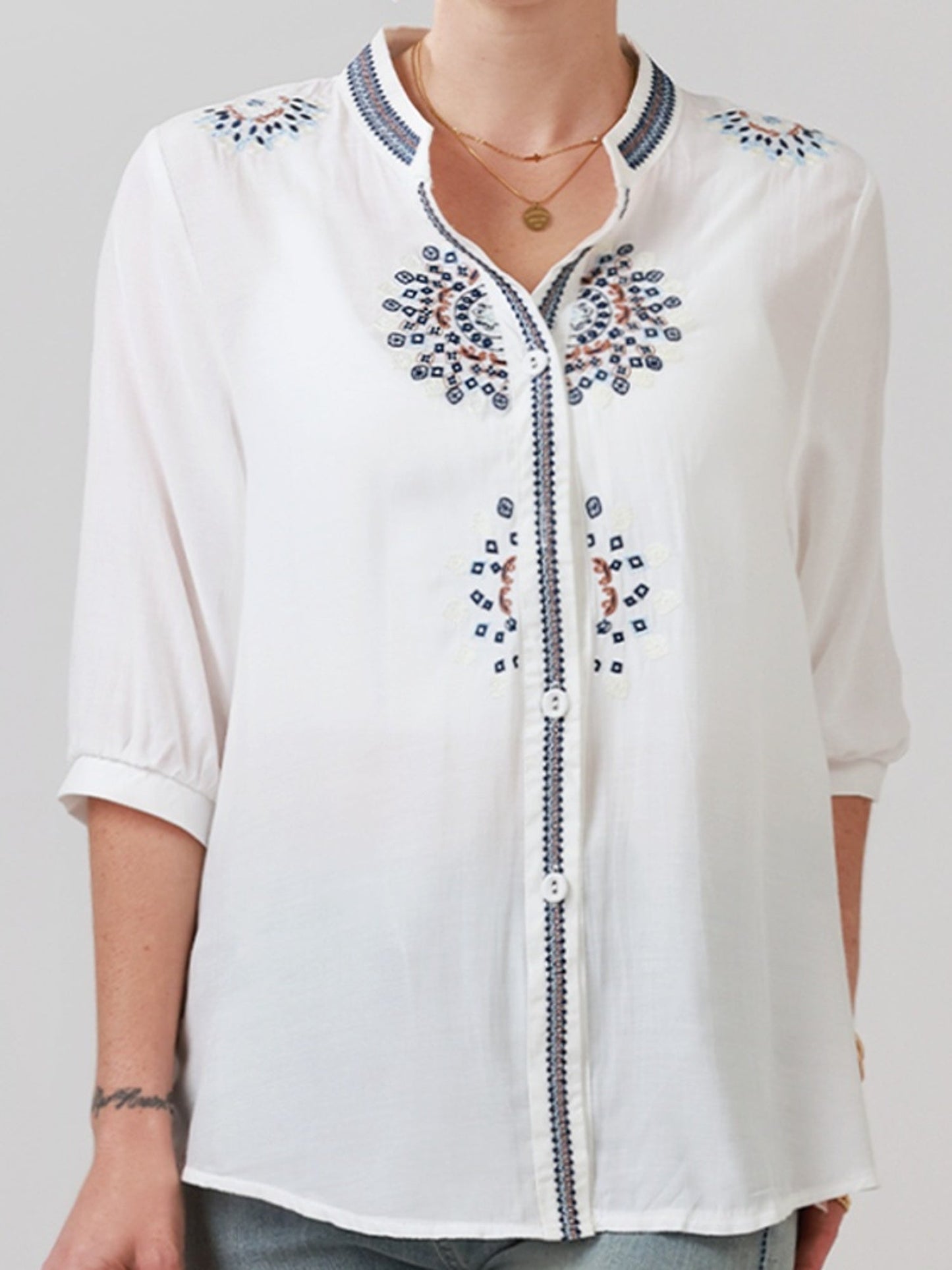 Damen Bluse Elegant Bestickt mit 3/4-Ärmeln für Freizeit und Büro