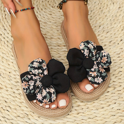 Damen Blumen-Slides Espadrille Stil – Modische Sommerschuhe mit großer Schleife