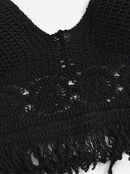 Damen Boho Häkel-Bralette Top mit Neckholder und Fransen – Festival & Strandmode