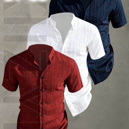 Herren 3er-Pack Freizeithemd mit Stehkragen, Kurzarm, Modernes Design, Knopfleiste