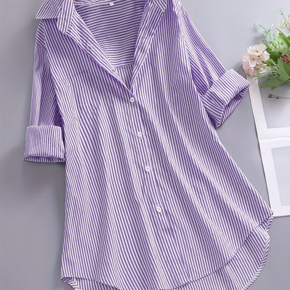 Damen Oversize Hemd mit Streifen – Lockeres Business & Freizeit Langarm-Bluse
