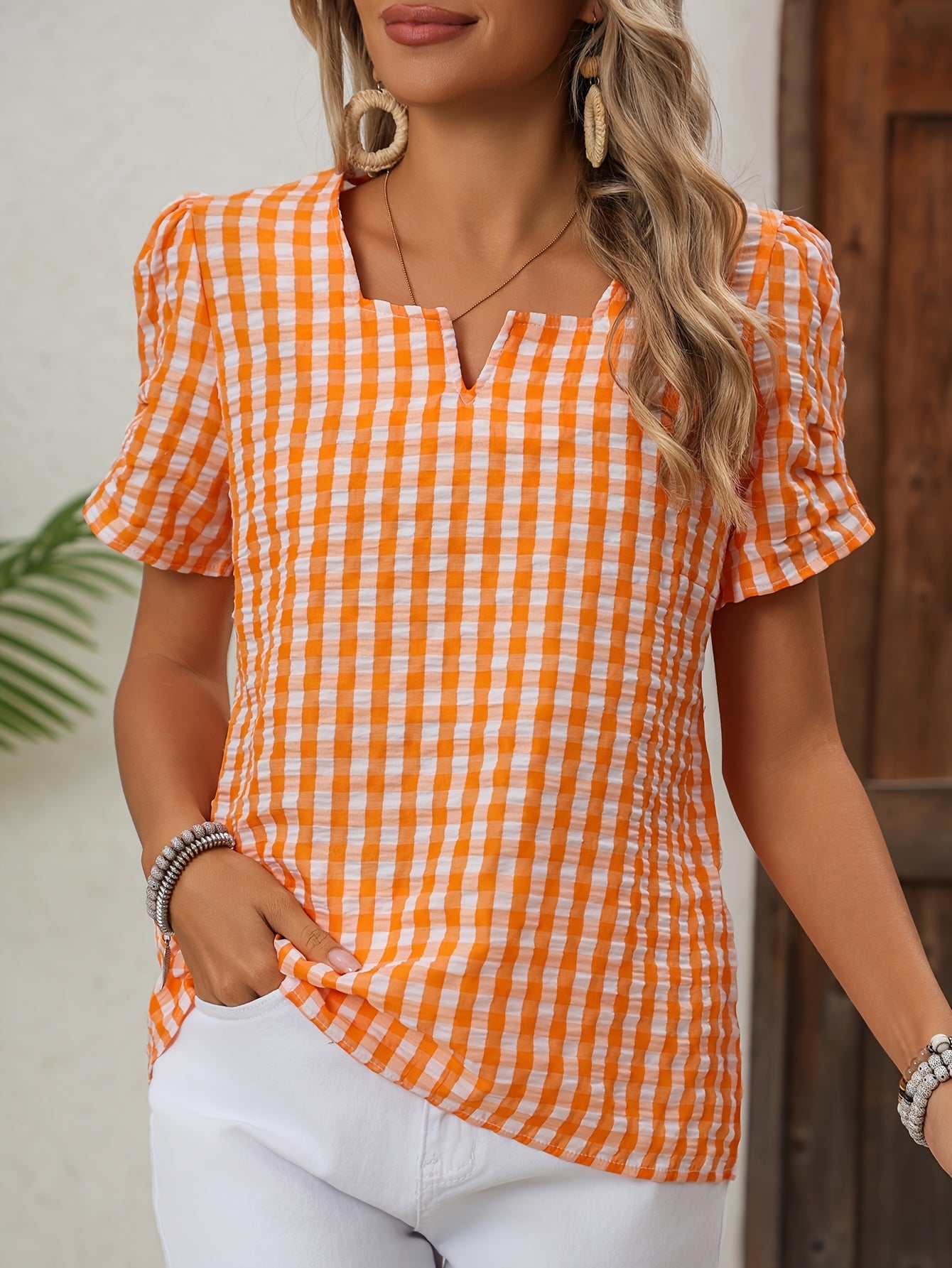 Damen Sommer Bluse im Karomuster – Eleganter Freizeitstil für Alltag und Urlaub