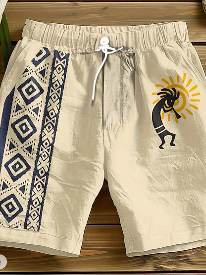 Herren Freizeitshorts mit Ethno-Muster und künstlerischem Flötenspieler-Motiv – Ideal für Sommer und Strand