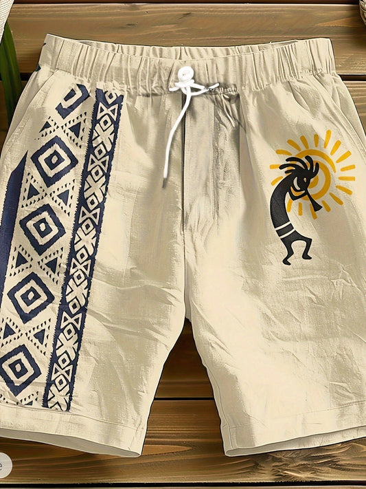 Herren Freizeitshorts mit Ethno-Muster und künstlerischem Flötenspieler-Motiv – Ideal für Sommer und Strand