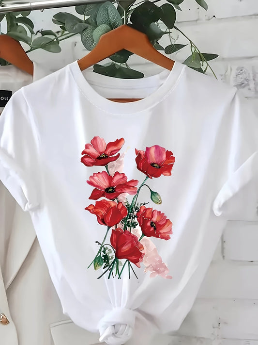 Damen T-Shirt mit Blumenprint – Modisches Freizeitshirt mit Mohnblumen Design