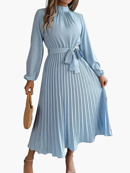 Damen Plisseekleid mit langen Ärmeln und Bindegürtel – Elegantes Midikleid für festliche Anlässe