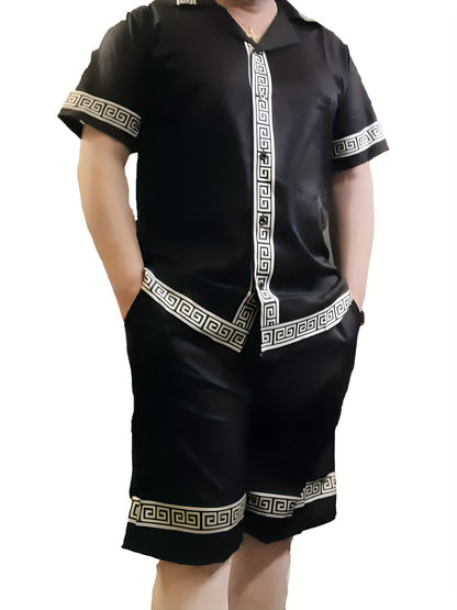 Herren Freizeit Zweiteiler Set mit geometrischem Muster – Kurzarm Hemd und Shorts, Vintage Style, Sommer Outfit