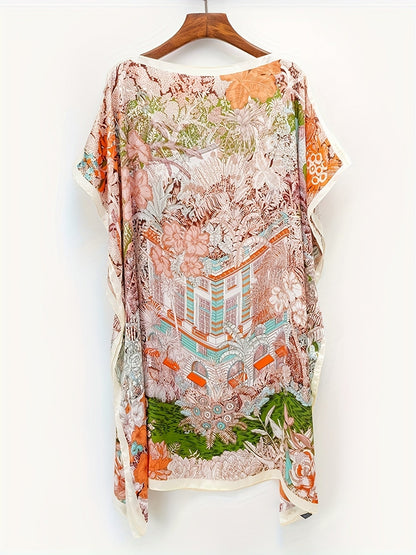 Damen Boho Strandponcho mit floralen Mustern – Perfekt für Urlaub und Sommer