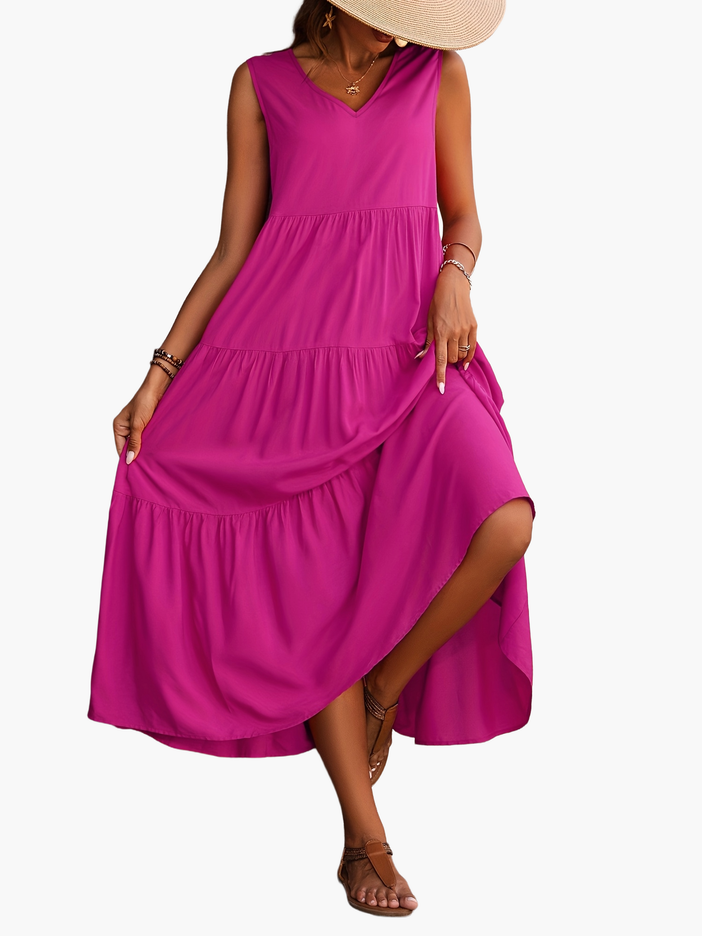 Damen Maxikleid Sommer Boho Elegant Ärmellos Freizeit V-Ausschnitt