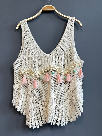 Damen Boho Häkel-Top mit Quasten und Perlen – Sommer Strandmode, Festival Look