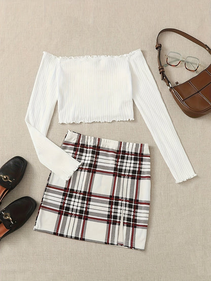Damen Off-Shoulder Zweiteiler Set – Elegantes Oberteil mit Falten & Karierter Minirock – Perfekt für Frühling und Sommer