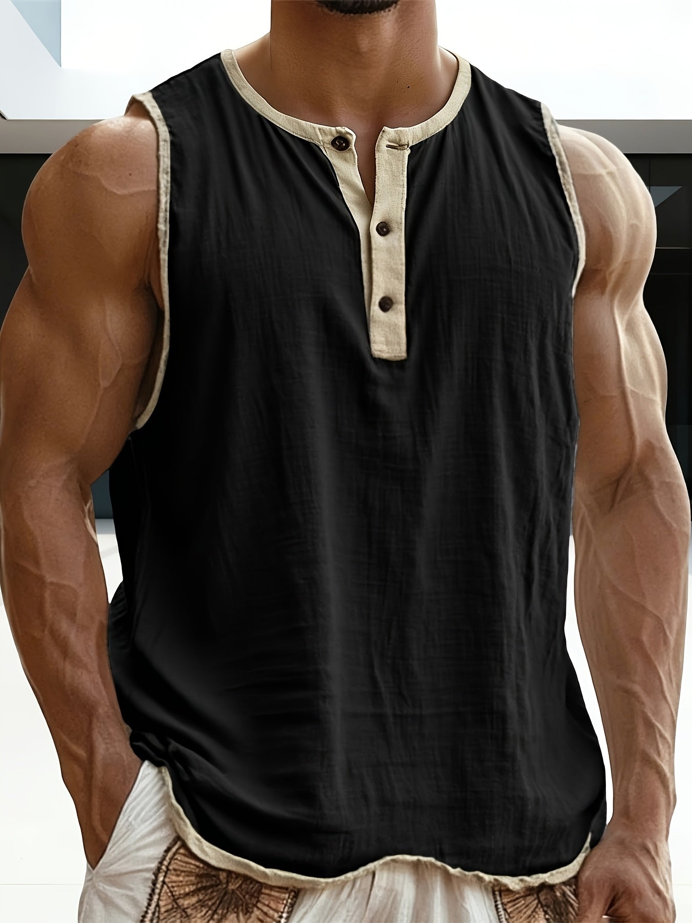 Herren Ärmelloses Henley Shirt Freizeit Modern