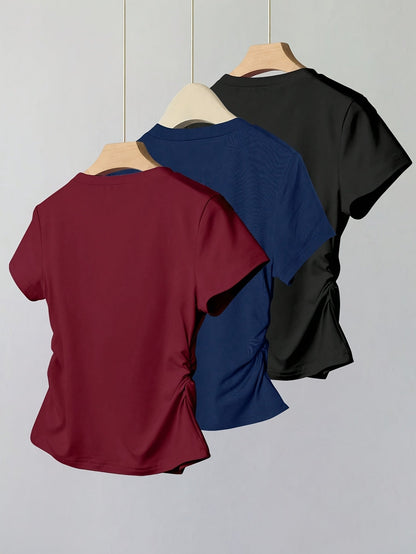 Damen Basic Kurzarm T-Shirt mit Schleifendetail – Feminines Freizeitshirt Slim Fit