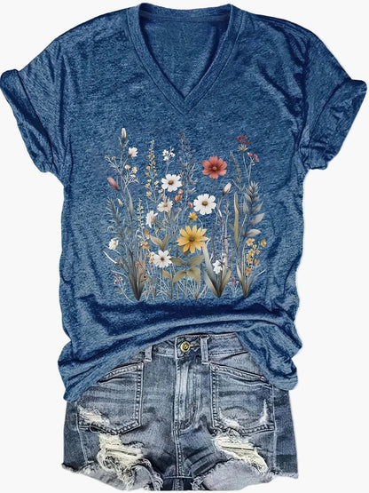 Damen V-Ausschnitt T-Shirt mit Wildblumen-Print, lässig, perfekt für Sommer und Freizeit