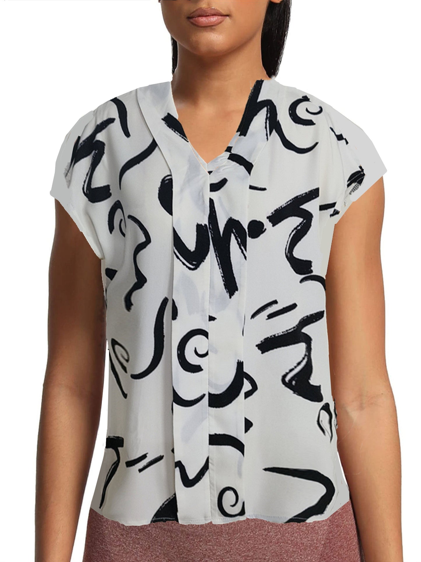 Damen Bluse mit modernem Grafikmuster und V-Ausschnitt für Büro und Freizeit