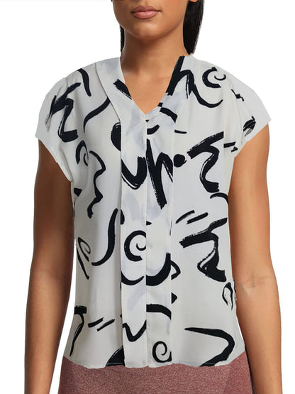 Damen Bluse mit modernem Grafikmuster und V-Ausschnitt für Büro und Freizeit
