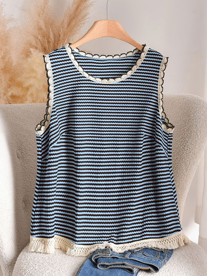 Damen Strick-Top im Boho-Stil mit Streifen und Fransen – Lässig & Sommerlich