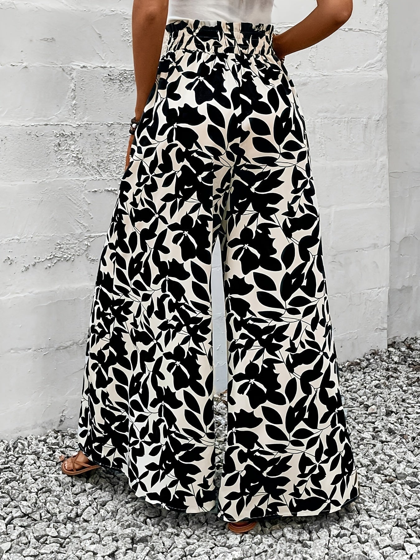 Damen Weitbeinige High-Waist Palazzo Hose mit Tropischem Blattmuster – Eleganter Boho-Stil für Alltag und Freizeit
