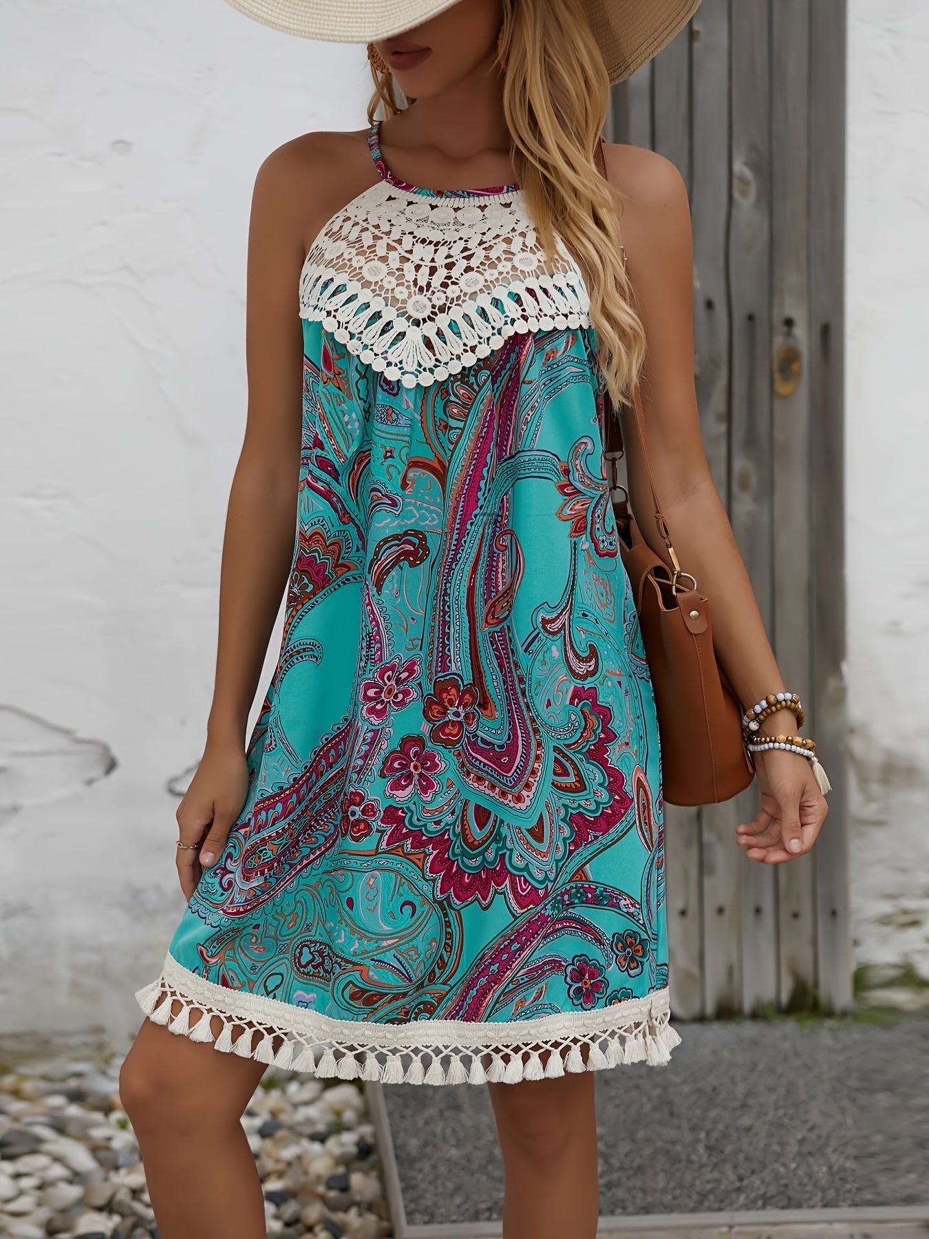 Damen Sommer Tunika Strandkleid mit Häkelspitze und Paisley-Muster – Boho Chic Freizeitkleid
