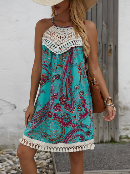 Damen Sommer Tunika Strandkleid mit Häkelspitze und Paisley-Muster – Boho Chic Freizeitkleid