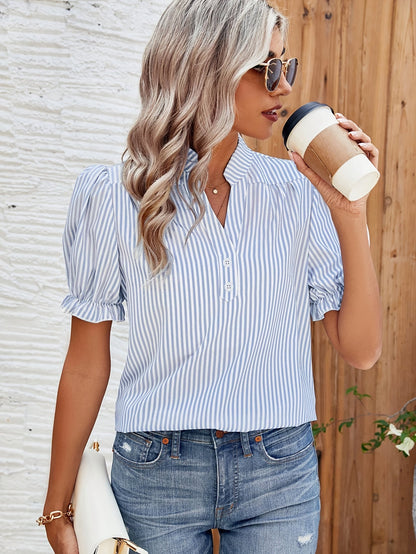 Damen Blusenshirt mit Streifen und Puffärmeln – Eleganter Freizeit-Look für Alltag und Büro