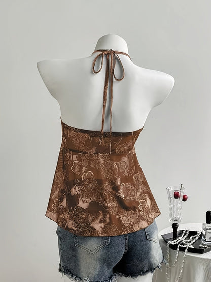 Damen Halterneck Volant-Top mit Herzmuster und Rüschen – Verspielter, femininer Look für Freizeit und Ausgehen