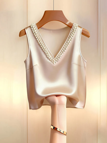 Damen Top ohne Ärmel mit V-Ausschnitt und Perlenbesatz – Elegantes Blusentop für festliche Anlässe