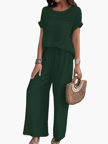 Damen Sommer Zweiteiler Set – Lässiges Boho Outfit mit weiter Hose und Kurzarm Bluse, Ideal für Strand & Freizeit