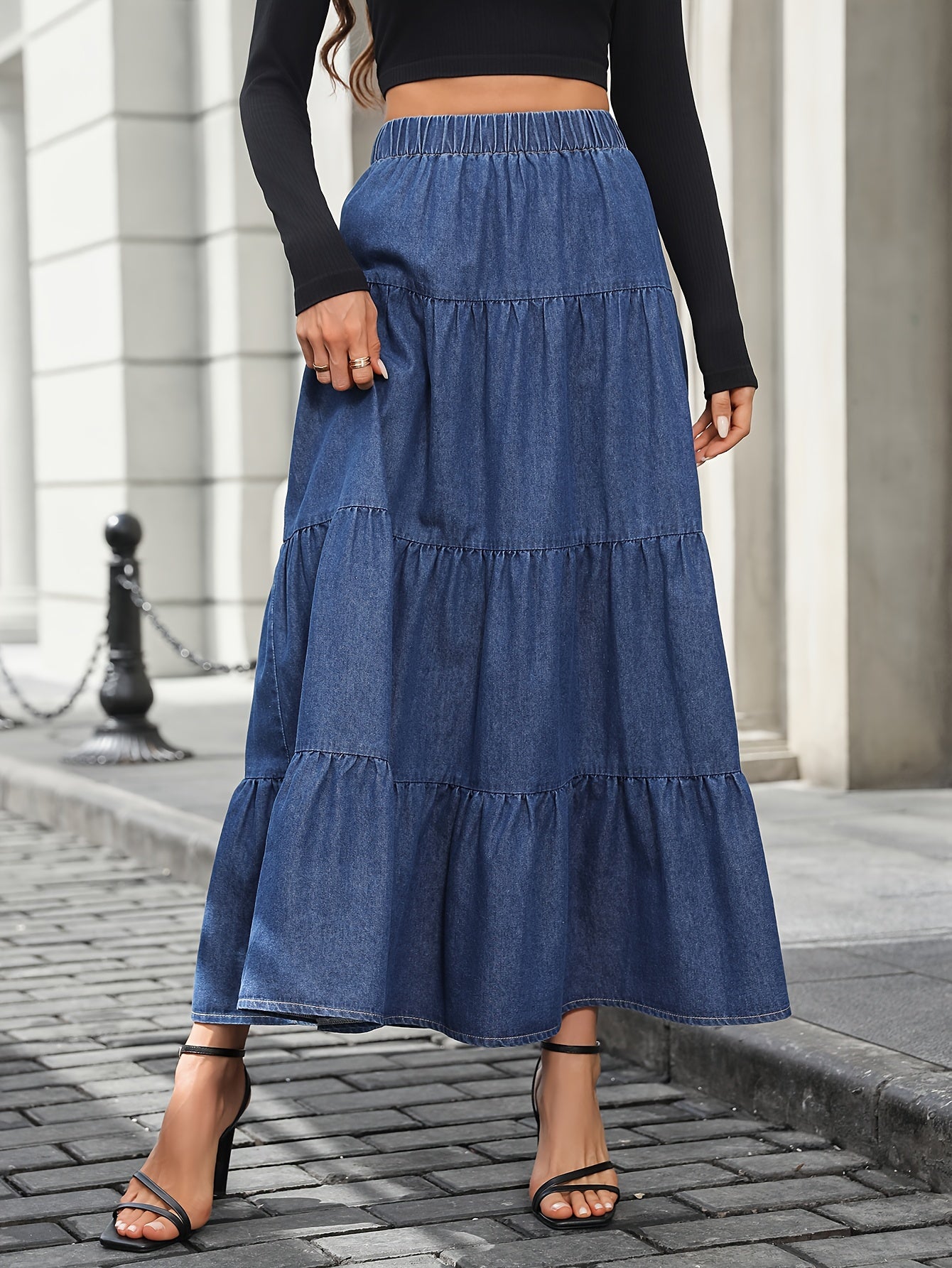 Damen Maxirock Elegant Ausgestellter Jeansrock für Alltag und Freizeit