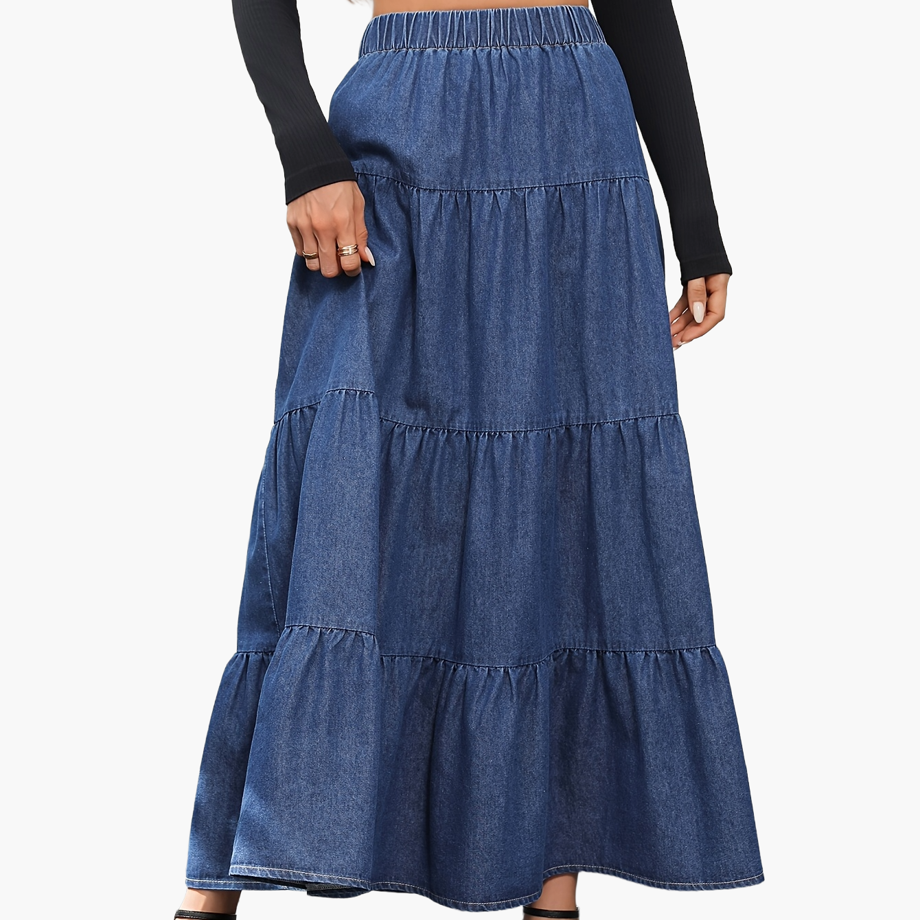 Damen Maxirock Elegant Ausgestellter Jeansrock für Alltag und Freizeit