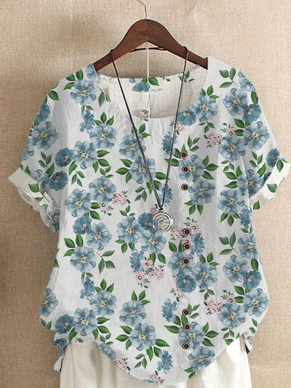 Damen Vintage Bluse mit Blumenmuster und Knopfleiste – Sommer Freizeitshirt