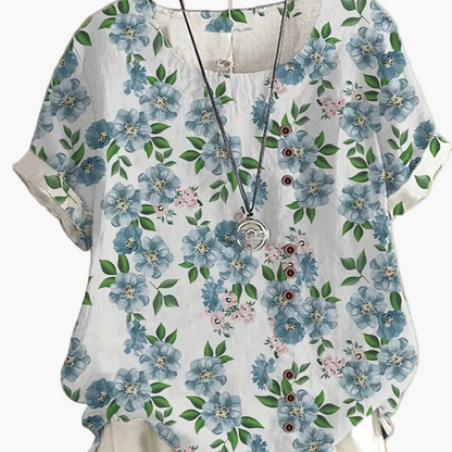 Damen Vintage Bluse mit Blumenmuster und Knopfleiste – Sommer Freizeitshirt