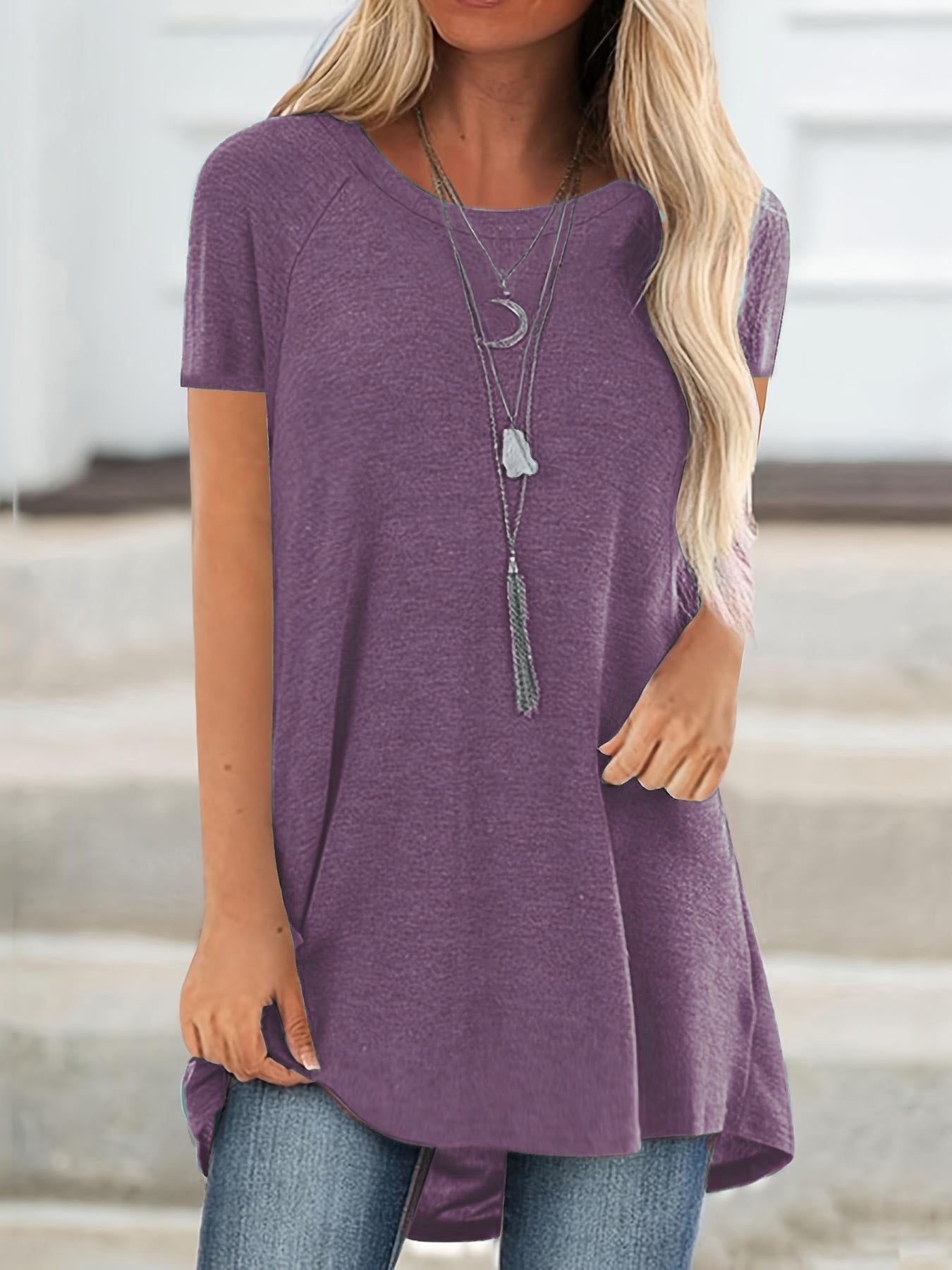 Damen Tunika T-Shirt Kurzarm Lockerer Schnitt Freizeitmode