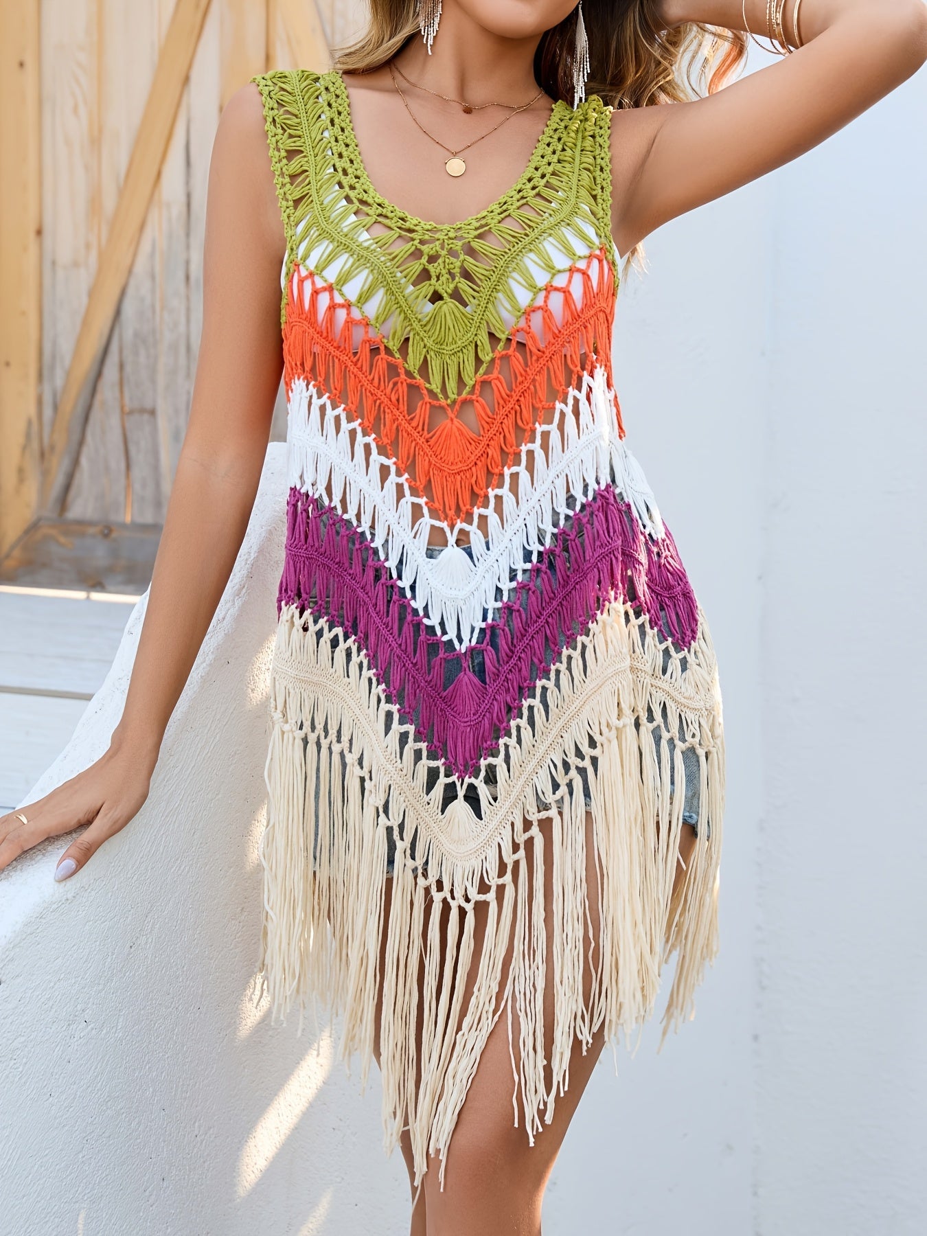 Damen Boho Strand Häkel-Überwurf mit Fransen und Chevron-Muster