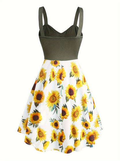 Damen Vintage Sonnenblumen Sommerkleid mit Knopfdetail und Trägern – Perfekt für Freizeit & Urlaub