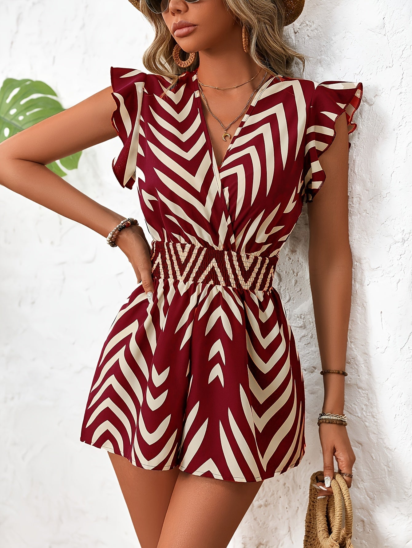 Damen Sommer-Jumpsuit Elegant mit Chevron-Muster und Rüschenärmeln – Perfekt für Urlaub & Freizeit