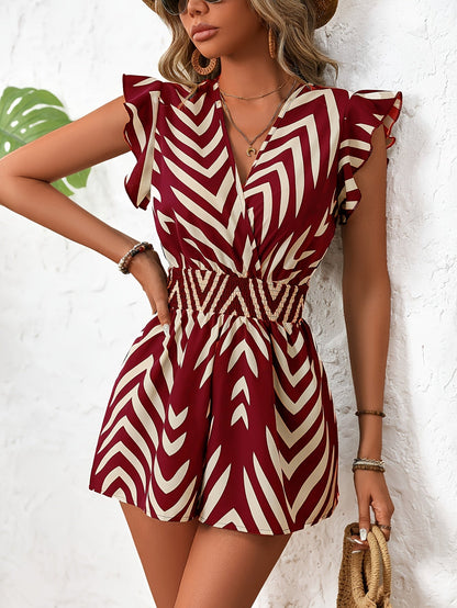 Damen Sommer-Jumpsuit Elegant mit Chevron-Muster und Rüschenärmeln – Perfekt für Urlaub & Freizeit