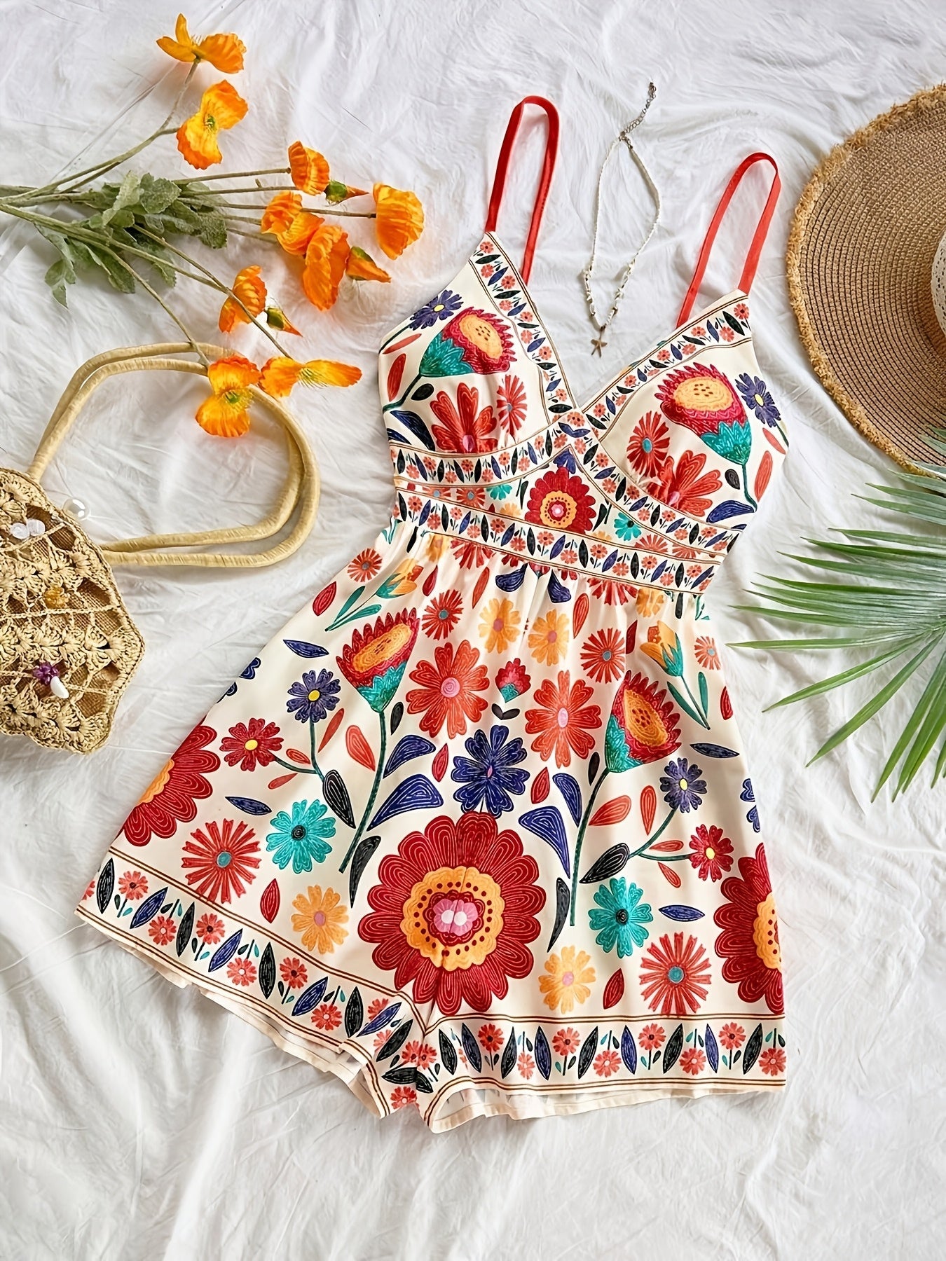 Damen Jumpsuit mit Blumenmuster und Spaghettiträgern – Verspielter Einteiler für Freizeit und Urlaub